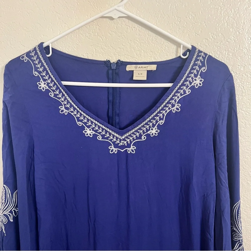 Ariat dress Blue Embroidered V-Neck Tunic Dress small boho coastal western rodeo - Picture 2 of 9
